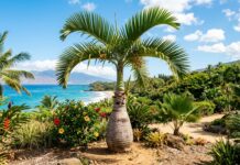 Bottle Palm: Care, Size, Growth Rate, Indoor & Outdoor Tips Bottle palm tree with a swollen bottle-shaped trunk growing in a sunny tropical landscape