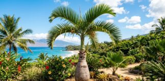 Bottle Palm: Care, Size, Growth Rate, Indoor & Outdoor Tips Bottle palm tree with a swollen bottle-shaped trunk growing in a sunny tropical landscape