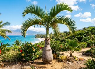 Bottle Palm: Care, Size, Growth Rate, Indoor & Outdoor Tips Bottle palm tree with a swollen bottle-shaped trunk growing in a sunny tropical landscape