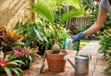 Bottle Palm Care: Watering, Sun, Soil, Fertilizer & Problems Bottle palm care with a small bottle palm in a container, palm fertilizer, watering can, and tropical patio plants