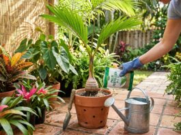 Bottle Palm Care: Watering, Sun, Soil, Fertilizer & Problems Bottle palm care with a small bottle palm in a container, palm fertilizer, watering can, and tropical patio plants