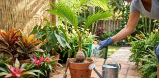 Bottle Palm Care: Watering, Sun, Soil, Fertilizer & Problems Bottle palm care with a small bottle palm in a container, palm fertilizer, watering can, and tropical patio plants