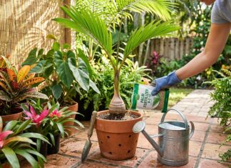 Bottle Palm Care: Watering, Sun, Soil, Fertilizer & Problems Bottle palm care with a small bottle palm in a container, palm fertilizer, watering can, and tropical patio plants