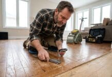Can Engineered Hardwood Floors Be Refinished? Wear Layer Rules Contractor checking the wear layer of engineered hardwood flooring before refinishing