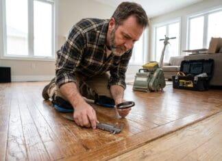 Can Engineered Hardwood Floors Be Refinished? Wear Layer Rules Contractor checking the wear layer of engineered hardwood flooring before refinishing