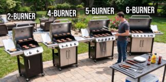 CharBroil Performance Grill: 2, 4, 5 and 6-Burner Models Compared Char-Broil Performance grill on a backyard patio with burgers and grilling tools