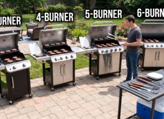 CharBroil Performance Grill: 2, 4, 5 and 6-Burner Models Compared Char-Broil Performance grill on a backyard patio with burgers and grilling tools