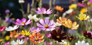 Cosmos Flower: Seeds, Planting, Care, Meaning & Bloom Tips Cosmos flowers blooming in pink, white, orange, yellow, and chocolate colors in a sunny pollinator garden