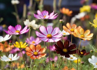 Cosmos Flower: Seeds, Planting, Care, Meaning & Bloom Tips Cosmos flowers blooming in pink, white, orange, yellow, and chocolate colors in a sunny pollinator garden