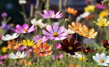 Cosmos Flower: Seeds, Planting, Care, Meaning & Bloom Tips Cosmos flowers blooming in pink, white, orange, yellow, and chocolate colors in a sunny pollinator garden