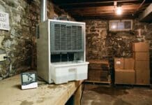 Dehumidifier and Mold Removal: What It Can and Can’t Do Dehumidifier running in a damp basement with a humidity meter nearby to help prevent mold growth