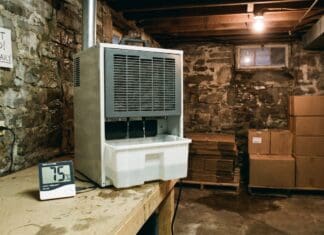 Dehumidifier and Mold Removal: What It Can and Can’t Do Dehumidifier running in a damp basement with a humidity meter nearby to help prevent mold growth
