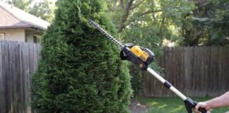 DEWALT Pole Hedge Trimmer Review: Is DCPH820 Worth Itdewalt-pole-hedge-trimmer? DEWALT cordless pole hedge trimmer cutting the top of a tall backyard privacy hedge from ground level