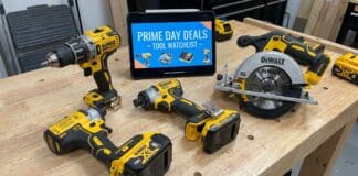 DeWalt Tools Prime Day Sale: Best Deals Worth Watching DeWalt drill, impact driver, batteries and circular saw on a workbench for a Prime Day tools sale watchlist