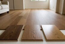 Engineered Hardwood Flooring: Cost, Pros, Cons, Install & Care Engineered hardwood flooring samples beside installed wood flooring in a bright modern living room