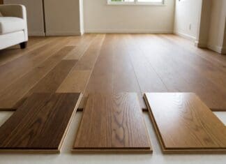 Engineered Hardwood Flooring: Cost, Pros, Cons, Install & Care Engineered hardwood flooring samples beside installed wood flooring in a bright modern living room