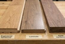 Engineered Hardwood vs Laminate vs Hardwood: Which Is Worth It? Three flooring samples showing engineered hardwood, laminate, and solid hardwood side by side