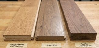 Engineered Hardwood vs Laminate vs Hardwood: Which Is Worth It? Three flooring samples showing engineered hardwood, laminate, and solid hardwood side by side