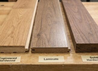 Engineered Hardwood vs Laminate vs Hardwood: Which Is Worth It? Three flooring samples showing engineered hardwood, laminate, and solid hardwood side by side