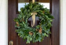 Eucalyptus Wreath: Fresh, Faux, Dried & DIY Ideas Fresh eucalyptus wreath hanging on a front door with natural green leaves and simple ribbon