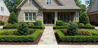 Foundation Hedges: Best Shrubs to Frame and Protect Your Home Neatly planted foundation hedges framing the front of a house with evergreen shrubs, mulch, and a clear walkway