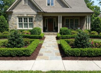 Foundation Hedges: Best Shrubs to Frame and Protect Your Home Neatly planted foundation hedges framing the front of a house with evergreen shrubs, mulch, and a clear walkway