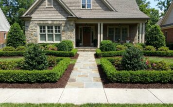 Foundation Hedges: Best Shrubs to Frame and Protect Your Home Neatly planted foundation hedges framing the front of a house with evergreen shrubs, mulch, and a clear walkway