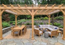 Freestanding 20×10 Pergola Kit: Patio Size, Shade & Buying Guide Freestanding 20x10 pergola kit installed over a rectangular patio with outdoor dining furniture and lounge seating