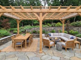 Freestanding 20×10 Pergola Kit: Patio Size, Shade & Buying Guide Freestanding 20x10 pergola kit installed over a rectangular patio with outdoor dining furniture and lounge seating