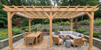 Freestanding 20×10 Pergola Kit: Patio Size, Shade & Buying Guide Freestanding 20x10 pergola kit installed over a rectangular patio with outdoor dining furniture and lounge seating