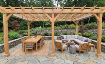 Freestanding 20×10 Pergola Kit: Patio Size, Shade & Buying Guide Freestanding 20x10 pergola kit installed over a rectangular patio with outdoor dining furniture and lounge seating
