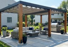 Freestanding Pergola: Kits, Placement, Anchoring & Buying Guide Modern freestanding pergola on a backyard patio with outdoor furniture, shade canopy, and anchored posts