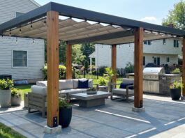 Freestanding Pergola: Kits, Placement, Anchoring & Buying Guide Modern freestanding pergola on a backyard patio with outdoor furniture, shade canopy, and anchored posts