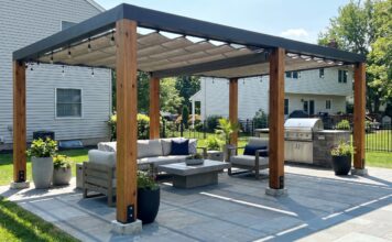 Freestanding Pergola: Kits, Placement, Anchoring & Buying Guide Modern freestanding pergola on a backyard patio with outdoor furniture, shade canopy, and anchored posts