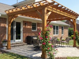 Freestanding Pergola Next to House: Spacing, Permits & Mistakes Freestanding pergola placed next to a house patio with proper spacing from siding, gutters, doors, and windows