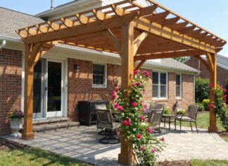 Freestanding Pergola Next to House: Spacing, Permits & Mistakes Freestanding pergola placed next to a house patio with proper spacing from siding, gutters, doors, and windows