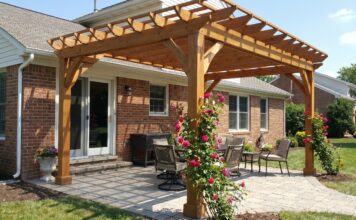 Freestanding Pergola Next to House: Spacing, Permits & Mistakes Freestanding pergola placed next to a house patio with proper spacing from siding, gutters, doors, and windows