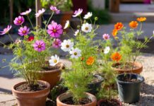 Growing Cosmos in Pots: Container Care, Soil & Bloom Tips Growing cosmos in pots with pink, white, and orange flowers on a sunny patio container garden