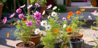 Growing Cosmos in Pots: Container Care, Soil & Bloom Tips Growing cosmos in pots with pink, white, and orange flowers on a sunny patio container garden