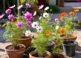 Growing Cosmos in Pots: Container Care, Soil & Bloom Tips Growing cosmos in pots with pink, white, and orange flowers on a sunny patio container garden