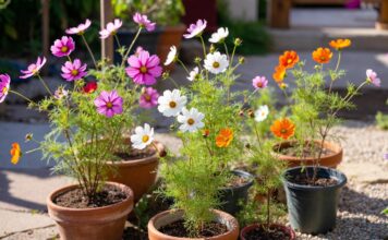 Growing Cosmos in Pots: Container Care, Soil & Bloom Tips Growing cosmos in pots with pink, white, and orange flowers on a sunny patio container garden
