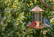 How to Attract Birds to a New Feeder: What Actually Works New backyard bird feeder filled with black oil sunflower seed hanging near shrubs with birds nearby