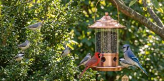 How to Attract Birds to a New Feeder: What Actually Works New backyard bird feeder filled with black oil sunflower seed hanging near shrubs with birds nearby