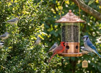 How to Attract Birds to a New Feeder: What Actually Works New backyard bird feeder filled with black oil sunflower seed hanging near shrubs with birds nearby
