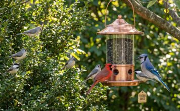 How to Attract Birds to a New Feeder: What Actually Works New backyard bird feeder filled with black oil sunflower seed hanging near shrubs with birds nearby