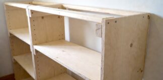 How to Build a Bookshelf: DIY Plans, Cut List & Tools Beginner DIY bookshelf project with plywood shelves, clamps, drill, sander, and wood boards in a workshop