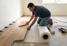 How to Install Engineered Hardwood Flooring Without Costly Mistakes Installer laying engineered hardwood flooring with spacers, underlayment, and tools on a prepared subfloor