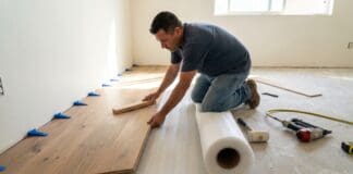 How to Install Engineered Hardwood Flooring Without Costly Mistakes Installer laying engineered hardwood flooring with spacers, underlayment, and tools on a prepared subfloor
