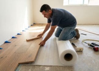 How to Install Engineered Hardwood Flooring Without Costly Mistakes Installer laying engineered hardwood flooring with spacers, underlayment, and tools on a prepared subfloor