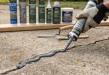Liquid Concrete Crack Filler: Driveway, Patio & Sidewalk Repair Products Liquid concrete crack filler being applied into a driveway crack before smoothing